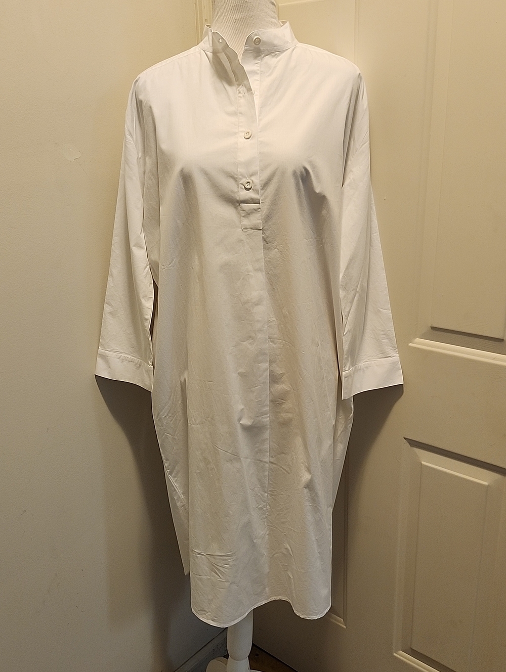 J Peterman  White Mandarin Collar Shirt Dress Small Cotton